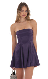 Strapless Satin Fit and Flare Dress in Purple