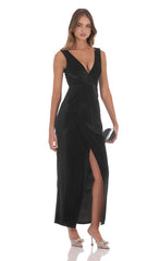Velvet V-Neck Slit Maxi Dress in Black