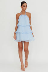 Tulips Tiered Halterneck Mini Dress Baby Blue