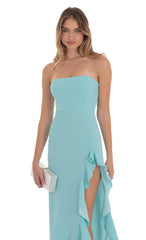 Strapless Back Bow Corset Maxi Dress in Aqua Blue