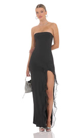 Strapless Ruffle Slit Maxi Dress in Black