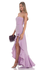 Strapless Back Bow Corset Maxi Dress in Lavender
