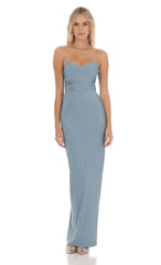 Strapless Corset Sequin Butterfly Maxi Dress in Blue