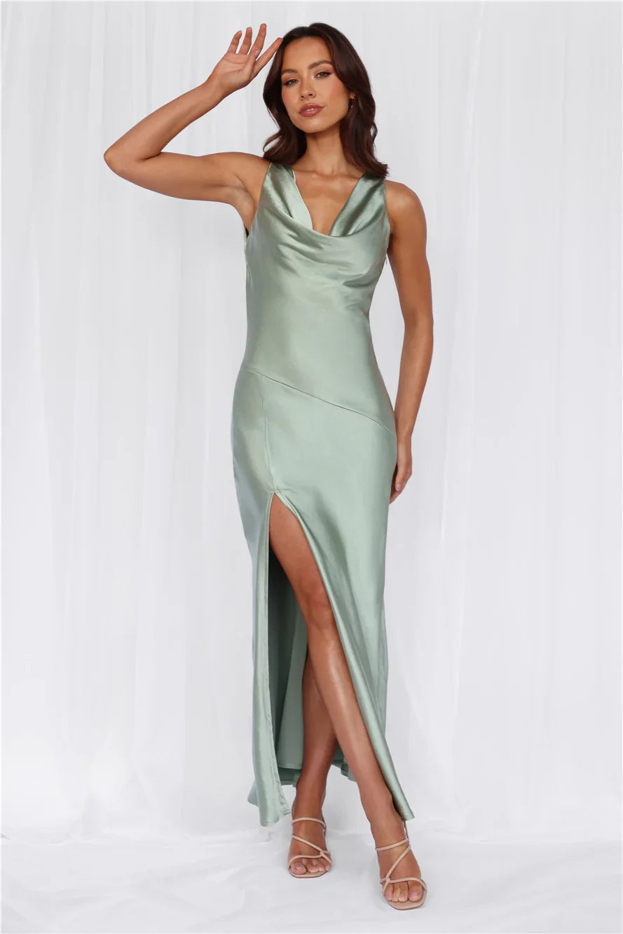 The Loretta Cowl Satin Maxi Dress Sage