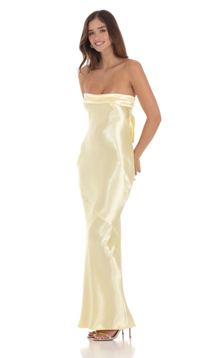 Strapless Satin Open Back Maxi Dress in Yellow