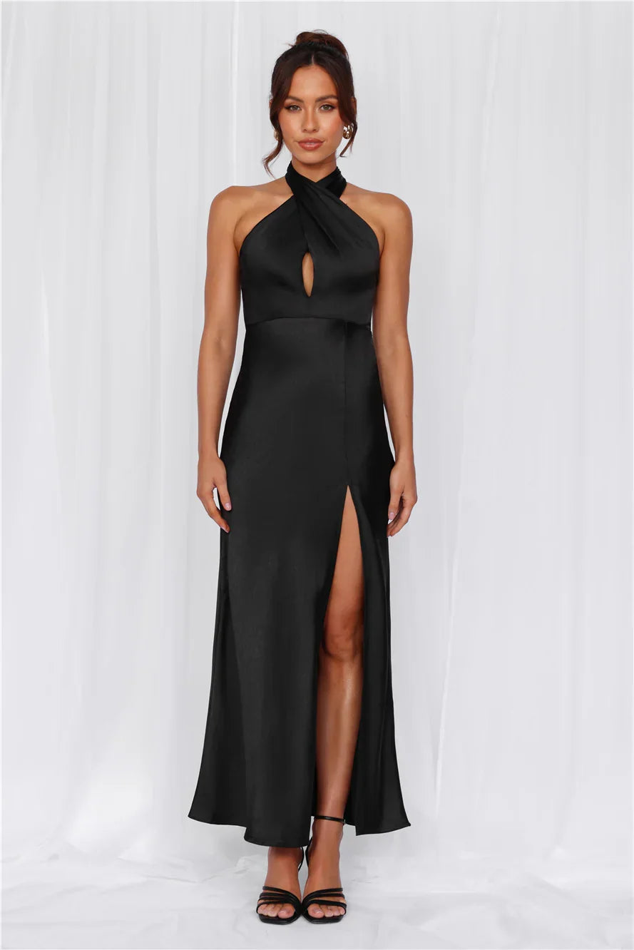 The Adeline Halter Satin Maxi Dress Black
