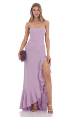 Strapless Back Bow Corset Maxi Dress in Lavender