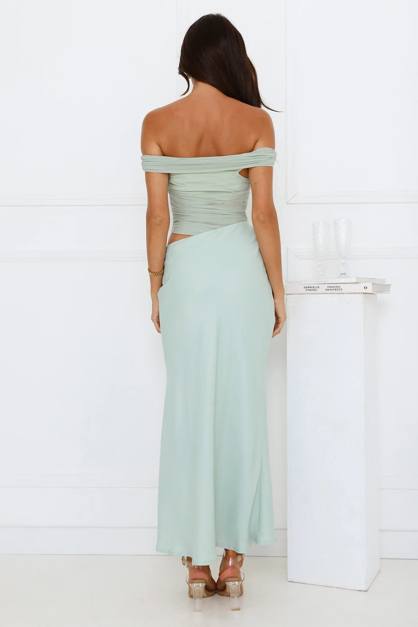 Velvet Sky Off Shoulder Mesh Maxi Dress Sage