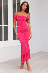 Tanisha Off Shoulder Mesh Midi Dress Pink