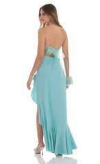 Strapless Back Bow Corset Maxi Dress in Aqua Blue