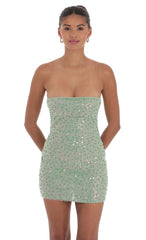 Strapless Sequin Beaded Dress in Sage Green