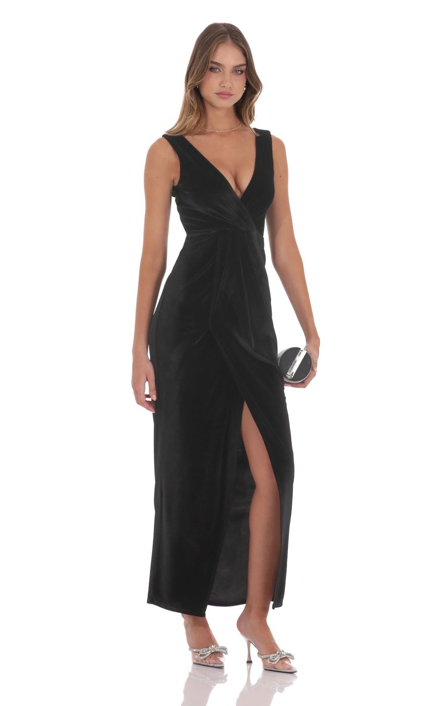 Velvet V-Neck Slit Maxi Dress in Black