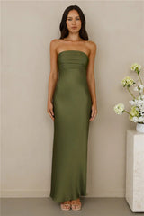 The Seraphina Strapless Satin Maxi Dress Olive