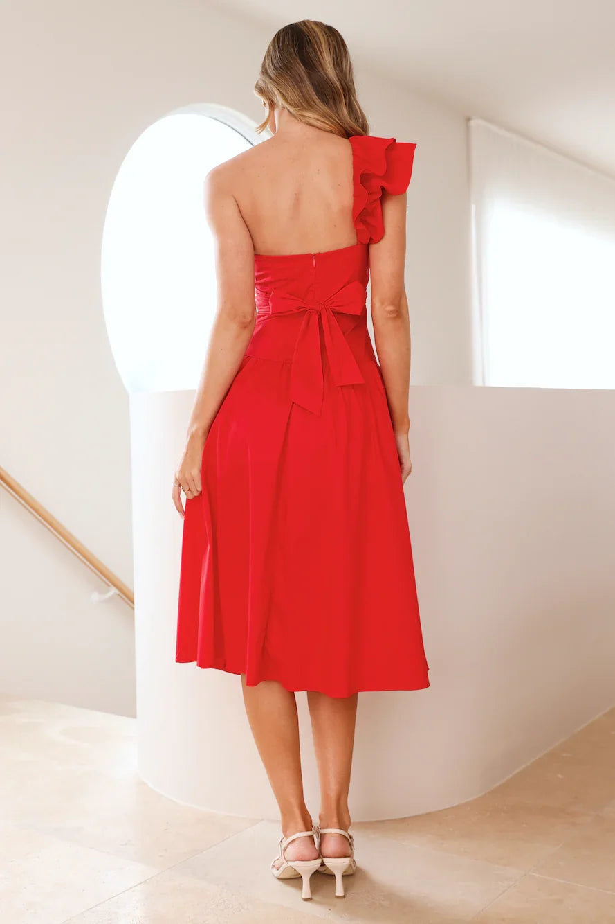 Vibrant Rendezvous One Shoulder Midi Dress Red