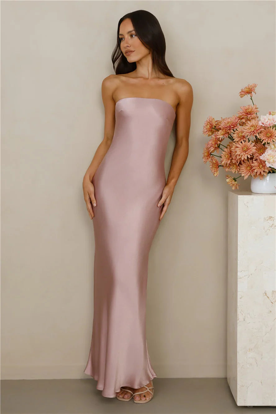 The Felicity Strapless Satin Maxi Dress Dusty Pink