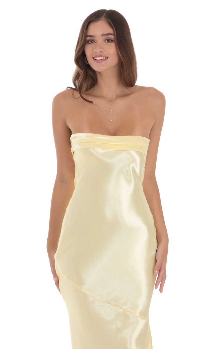 Strapless Satin Open Back Maxi Dress in Yellow