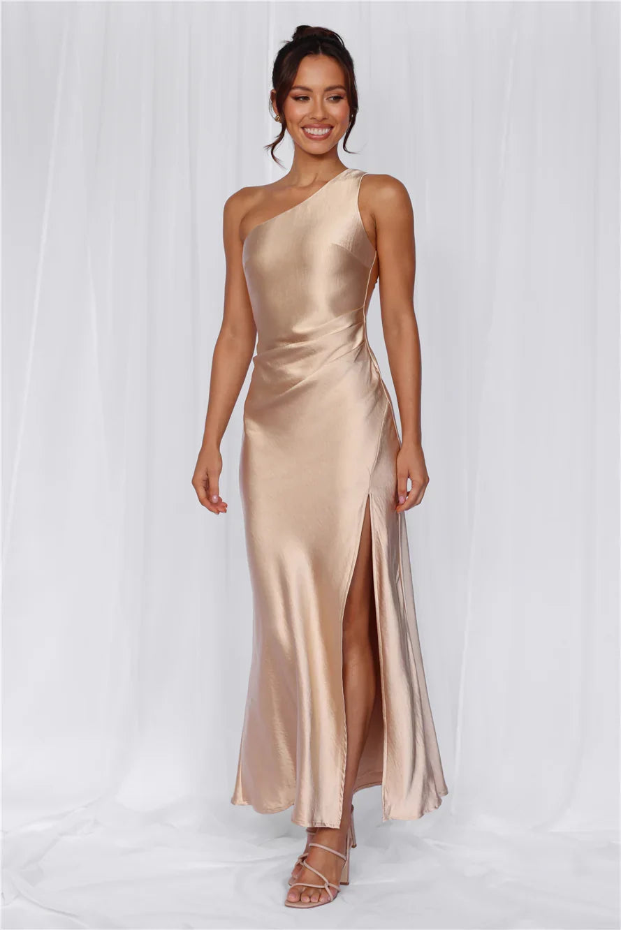 The Aurora One Shoulder Satin Maxi Dress Champagne