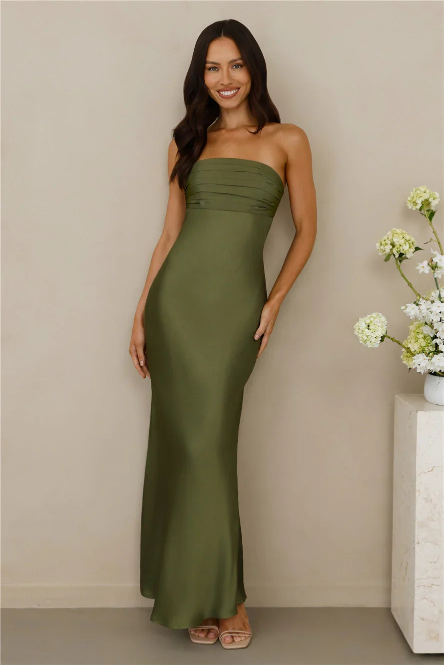 The Seraphina Strapless Satin Maxi Dress Olive