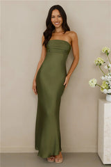 The Seraphina Strapless Satin Maxi Dress Olive