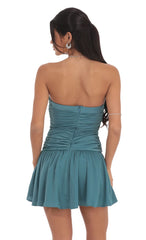 Strapless Ruched Flare Dress in Blue Teal