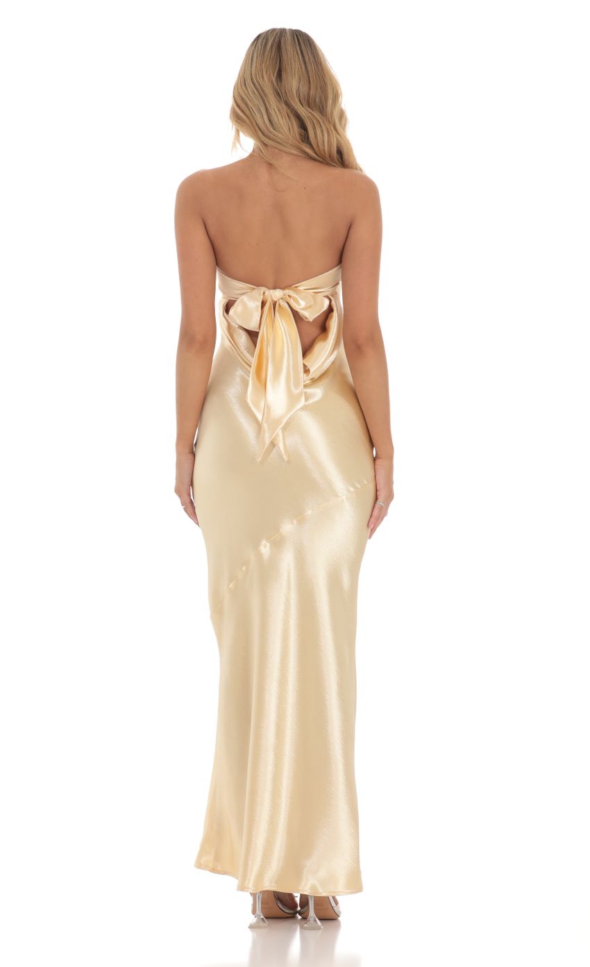 Strapless Satin Open Back Maxi Dress in Gold