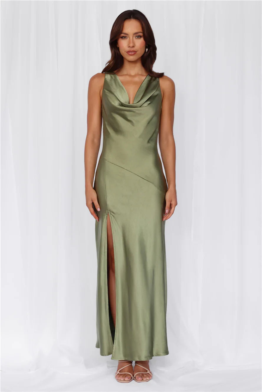 The Loretta Cowl Satin Maxi Dress Olive